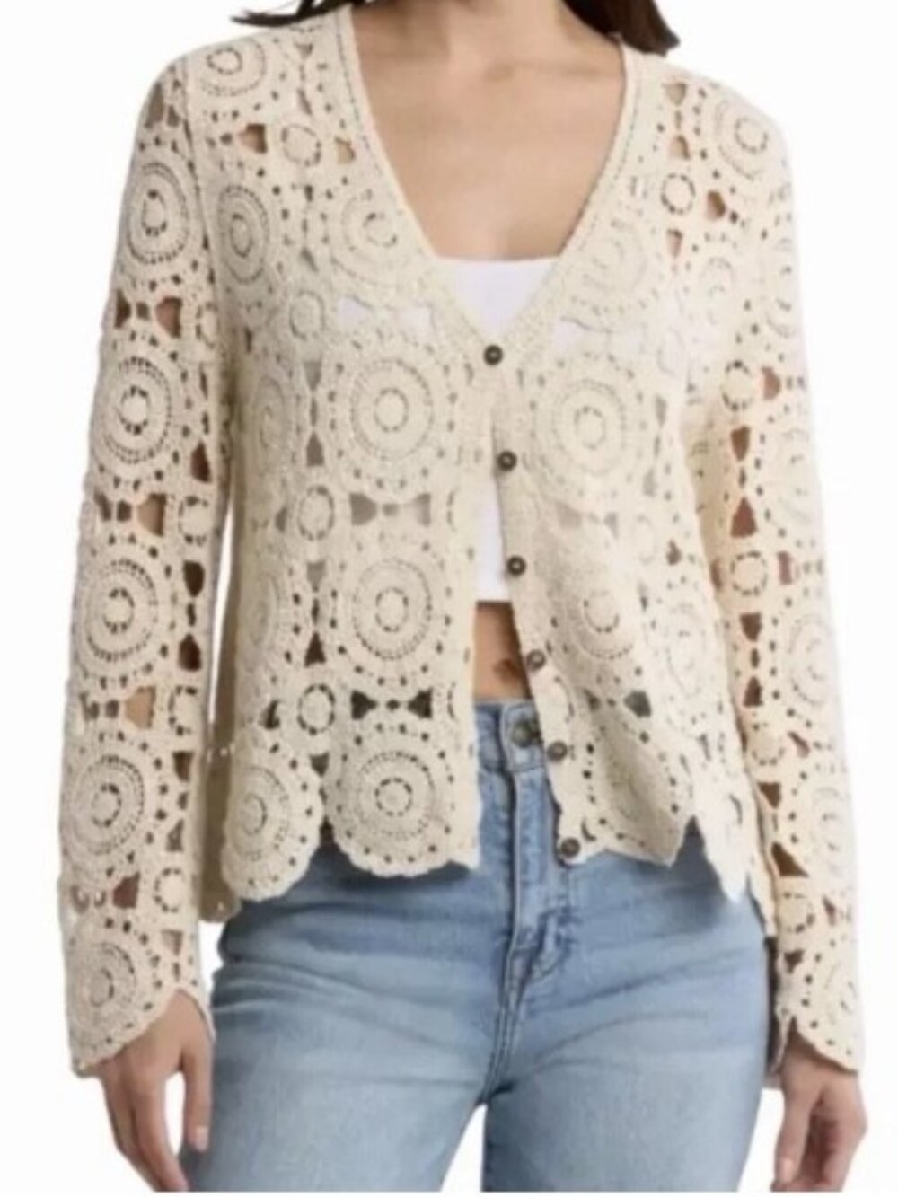 Liv Los Angeles Women's Cream Boho Hippie Eyelet Crochet Button Cardigan Size L